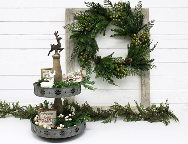 tiered galvanized tray with reindeer