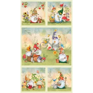 Gnome and Garden fabric panel by Susan Winget for Wilmington Prints