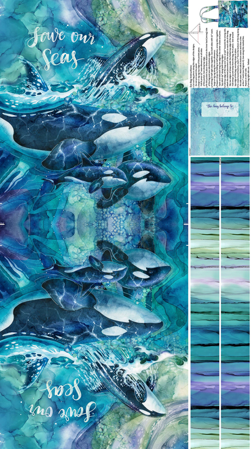 WHALE SONG fabric panel by Deborah Edwards and Melanie Samra with whale prints from Jody Bergsma for Northcott Fabrics