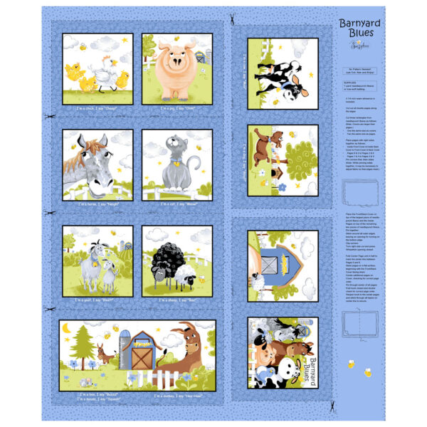 BARNYARD BLUES fabric book panel by SusyBee for Clothworks