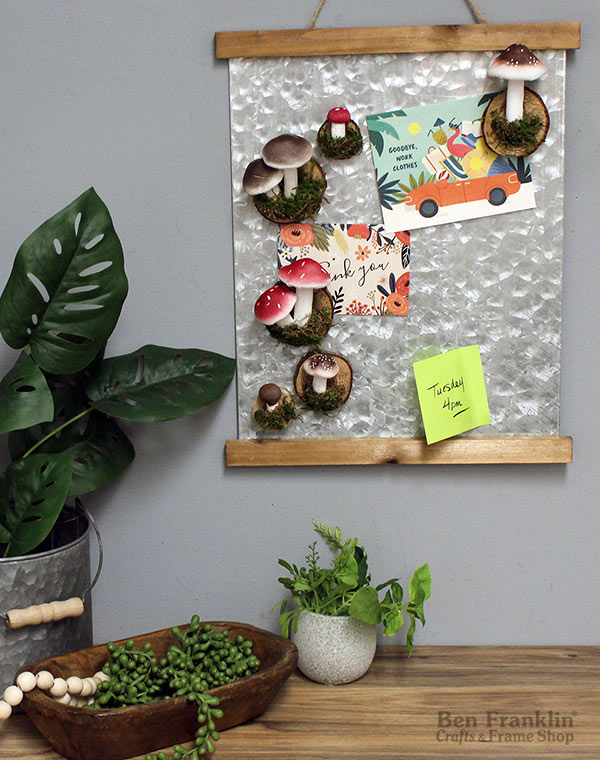 DIY Cottagecore Mushroom Magnets on metal board