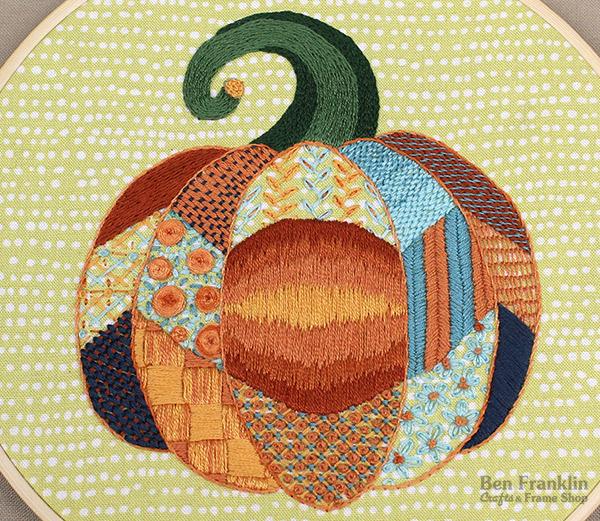 Pumpkin Embroidery Sampler using a variety of stitches