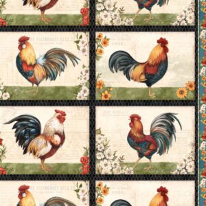 GARDEN GATE ROOSTERS fabric panel by Susan Winget for Wilmington Prints