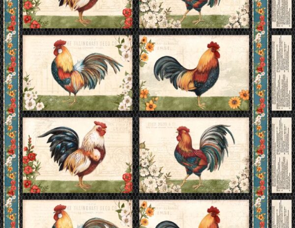 GARDEN GATE ROOSTERS fabric panel by Susan Winget for Wilmington Prints