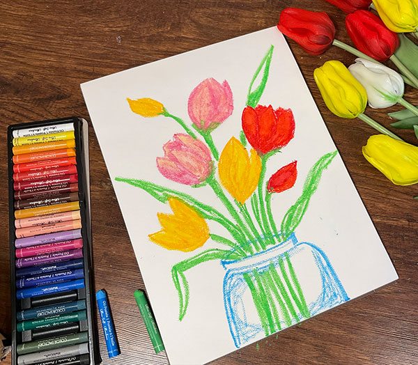 How to paint tulips with oil pastel - step 3